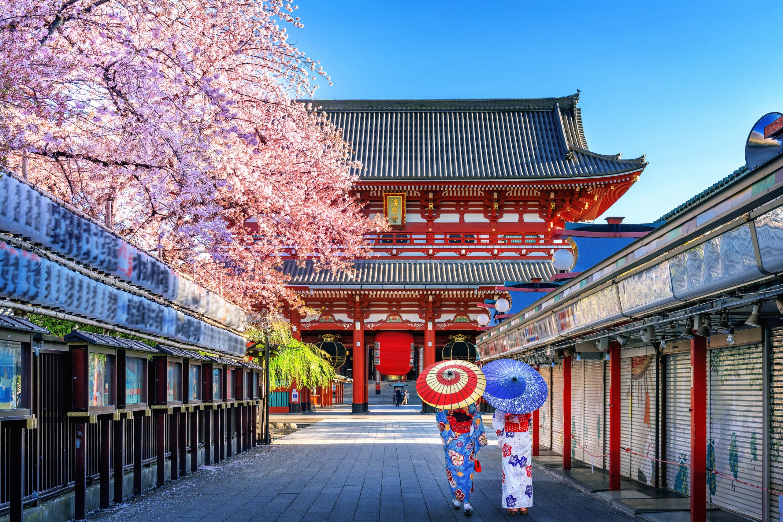 Woman Wearing Traditional Japanese Kimono at Historic Temple in Tokyo, Japan
