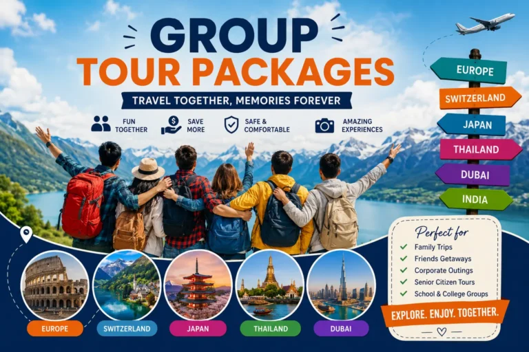 Group Tour Packages featuring happy travelers exploring Europe, Switzerland, Japan, Thailand, Dubai, and scenic international destinations with Seagull Holidays