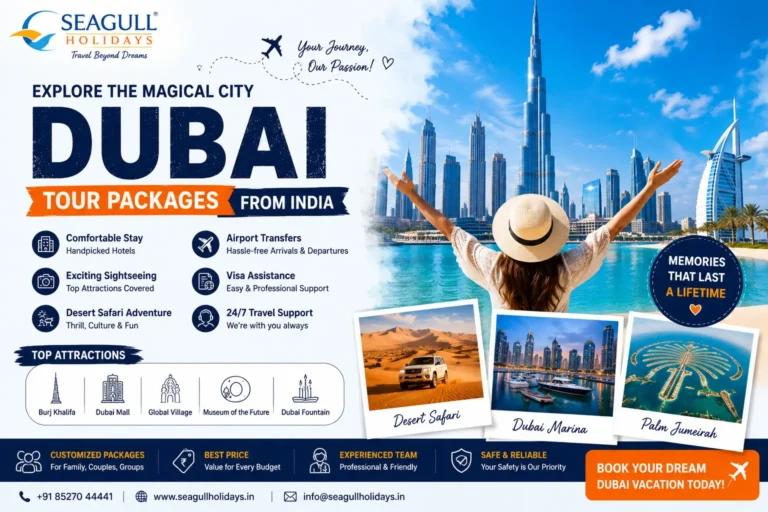Dubai Tour Packages from India featuring Burj Khalifa, Palm Jumeirah, Dubai Marina, Desert Safari, and luxury holiday experiences with Seagull Holidays