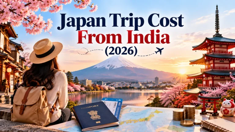Japan Trip Cost From India (2026) travel guide with Mount Fuji, cherry blossoms and a travel budget